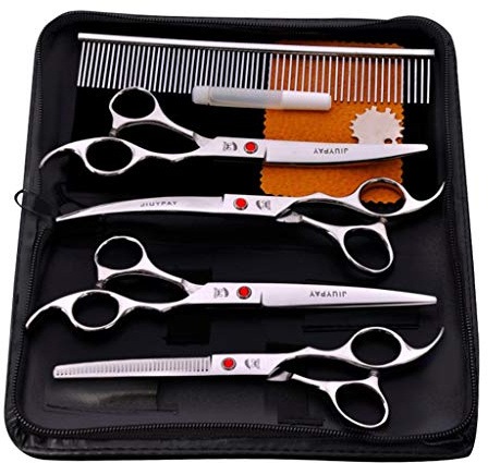kowaku 7 Pièces Ciseaux Toilettage Animaux Chiens Chats Ciseaux Professionnels Courbes Droits Effilage Accessoires Acier 440C Adapté pour Entretien, Argent, 7 Pouces
