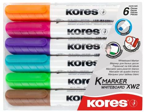 Kores - K-Marker XW2: Pennarello per Lavagna Bianca con Punta a Scalpello, inchiostro pulibile a secco e Inodore, Ideale per la Scuola e l'Ufficio, Set di 6 Colori Assortiti