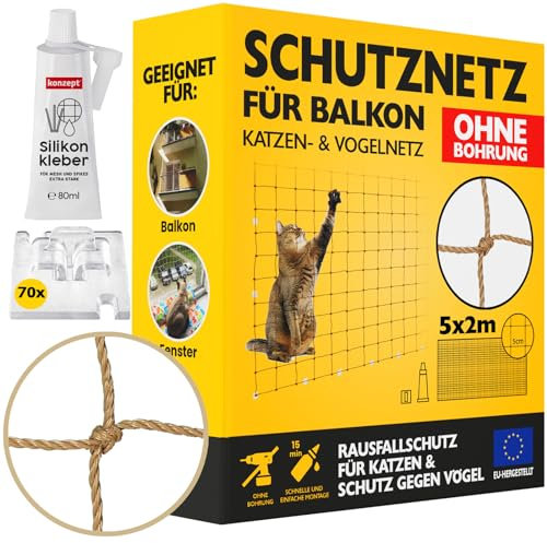 Konzept 11 - Katzennetz für Balkon Ohne Bohren Set 5x2M, Vogelabwehr Sicherheitsnetz für Fenster, Balkon, Katze, Starker Balkonnetz Vogelschutznetz Volierennetz