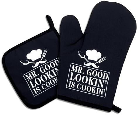 Mr. Good Looking is Cooking, lustige Ofenhandschuhe und Topflappen, 2er-Set, Silikon, rutschfeste Ofenhandschuhe, Küchengeschenk für Männer, Kochen, Backen, Grillen, Einweihungsgeschenke