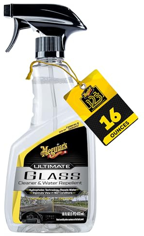 Meguiar's Limpiador de vidrio y repelente al agua, limpiador de vidrio y ventanas de alta calidad para una limpieza rápida con tecnología hidrofóbica que actúa como repelente de lluvia, mejora la