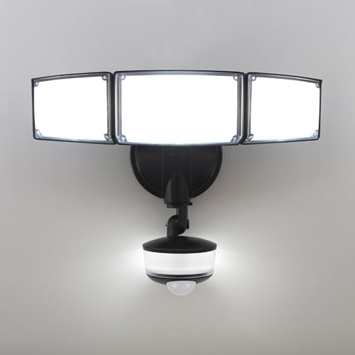 LUTEC 74 W 8000 lúmenes con sensor de movimiento para exteriores, luz diurna 5000 K, luces de inundación impermeables IP65 para exteriores con luz nocturna, detector de movimiento de atardecer a