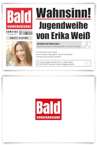Kartenmachen.de Witzige personalisierte Jugendweihe Einladungskarten (ab 10 Stück) als Zeitung Bald mit eigenem Text und Foto