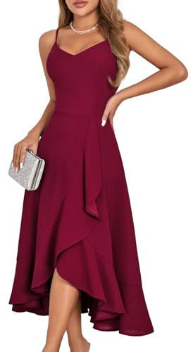 DRESSTELLS Robe de Cocktail Femme Festif Bretelles Hautes Robes de Mariage Mi-Longues Ourlet à Ruches Robe d'été Dos Nu Curvy Robe de Fête Elégante Burgundy L