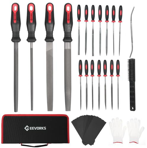 Feilen Set Geevorks 34 tlg. Feilenset Metall und Holz mit Aufbewahrungstasche, 4 Flachfeilen, Dreikantfeilen, Halbrundfeilen und Rundfeilen, 14 Nadelfeilen, 1 Holzfeile, 12 Blatt Schleifpapier, 1 Drah