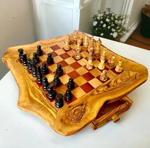 Handcrafted Olive Wood Chess Set with 32 Hand-Carved Pieces | Rustic Chess Board with Storage Drawers | Multiple Sizes | Red/Black | Premium Tabletop Chess Game (33x33cm - Playing area 20x20cm, Red)