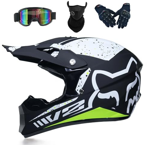 SMTSEC Casque De Moto pour Jeunes Casque De Motocross Enfants Adultes Casques De Cross Tout-Terrain Casque De Moto VTT MX Enduro Casque Intégral avec Lunettes Masque Gants Casque De Descente,Green-M