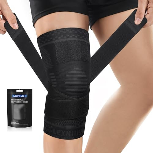 Lexniush Knee Support with Strap for Women Men, Adjustable Knee Brace for Knee Pain Relief, ACL, MCL, Joint Pain, Meniscus Tear, Knee Compression Sleeves for Running, Sports, Walking, Gym (Black, S)