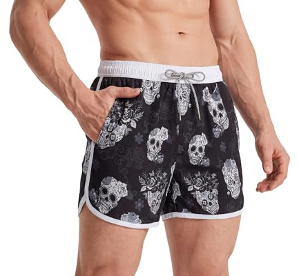 MaaMgic Costume Uomo Mare Vintage Asciugatura Rapida Costume da Bagno Pantaloncini Corto Swim Trunks con Fodera Rete e 3 Tasche,L,Nero