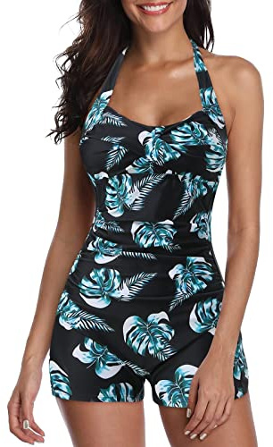 Bañador Mujer con Pierna, Bañadores de Una Pieza Boxer Traje de Baño Barriga Fruncido Cuello Halter Fato de Banho Mulher con Relleno Push Up Swimsuit Espalda Abierta para Mujer