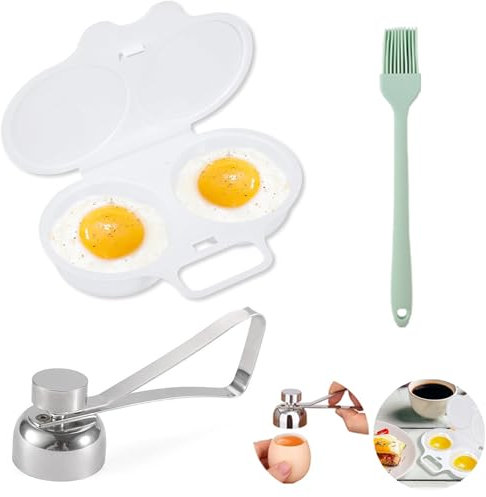 Egg Poacher Microwave, Reusable Poached Egg Maker Non-Stick Coated Double Cups Egg Boiler For Home Breakfast Kitchen Gadgets(Includes 1pcs Egg Poacher 1 Pcs Oil Brush And 1pcs Egg Opener)