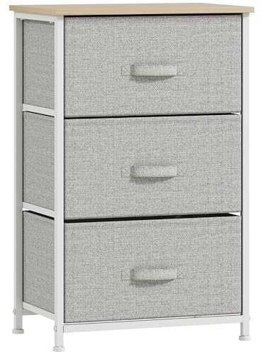 HOMCOM Commode 3 tiroirs en Tissu, chiffonnier, Meuble de Rangement Moderne, Cadre en Acier et Patins réglables, Commode Chambre, Salon, entrée, 45 x 30 x 71 cm, Gris