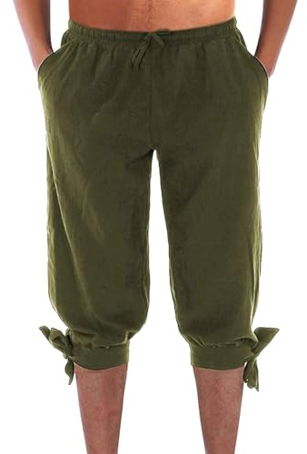 Men's Renaissance Fair Drawstring Pockets Trousers Pants- Handcrafted Cotton Linen Gaiters, Authentic Medieval Small Leg Design (M-XXXL)