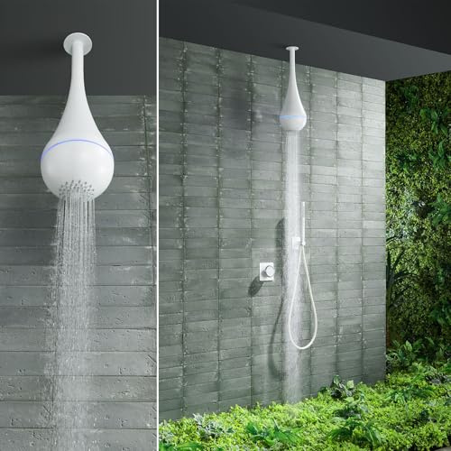 HKTHE Inbäddad duschpelare, innovativ design i form av vattendroppe, HSS0566 modern duschpelare, 160 x 160 mm duschset med runt duschhuvud i rostfritt stål, 59A mässing