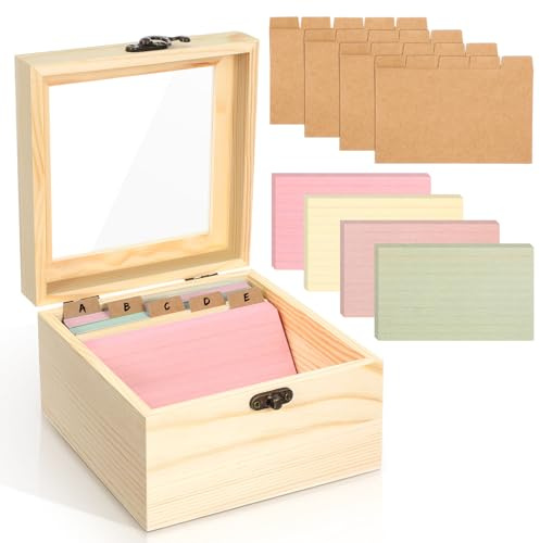 Kathfly 3x5 Index Card Holder Set, 200 Pcs Heavyweight Ruled Notecards and 30 Dividers Wooden Organizer Recipe Box with Flash Card for Home, Office and Kitchen