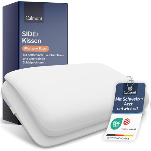 CALMONT - Seitenschläferkissen mit Bezug I RedDot Award Gewinner I Side+ Kissen IBauchschläferkissen I Ergonomisches Kopfkissen I Mit Schweizer Arzt entwickelt (70x40 cm)