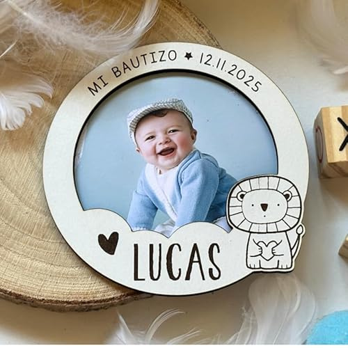 Genérico Lote de 10 unidades. Marco Fotográfico Personalizado con imán para Primera Comunión, Bautizo y Celebraciones, Imán de Madera con Nombre y Fecha, Diseño Circular Decorativo, 8cm