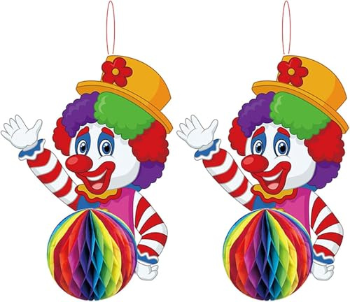Clown, decorazione da appendere in carta a nido d'ape 3D, decorazione per feste in circo, decorazioni colorate a sfera a nido d'ape per feste per bambini