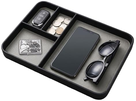 JYYWTSI Taschenleerer Organizer Tablett, PU Leder Valet Tray mit 4 Fächern für Handy Schlüssel Uhr Schmuck und Geldbörse für Nachttisch Schreibtisch Büro im Eingangsbereich, Schwarz