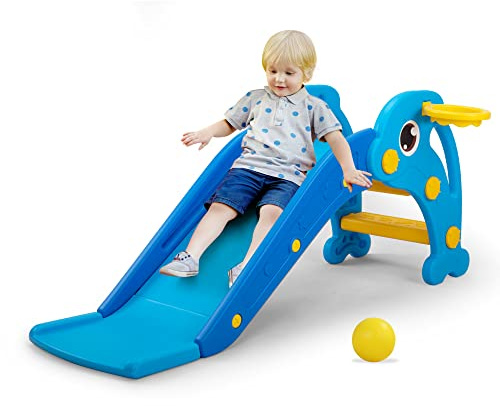 Tobogán 3 en 1 para niños pequeños, tobogán interior con anillo de baloncesto y pelota, juego de interior y exterior para niños pequeños 1-3