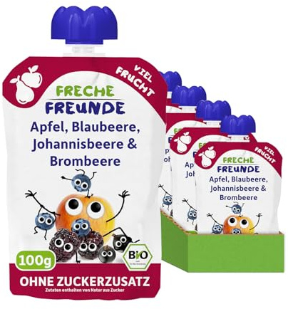 FRECHE FREUNDE Bio Quetschie Apfel, Blaubeere, Johannisbeere & Brombeere, Fruchtmus mit Obst im Quetschbeutel für Babys ab dem 6. Monat, vegan, 6er Pack (6 x 100g)