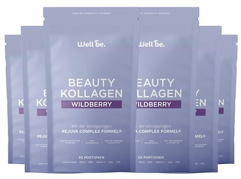 Wellbe Kollagen Pulver Wildberry - hochdosiert mit maximal bioaktivem Kollagen Hydrolysat, Biotin, Zink, Vitamin C & Hyaluron - Collagen Pulver - Kollagenpulver Peptide Made in Germany 6 x 250g