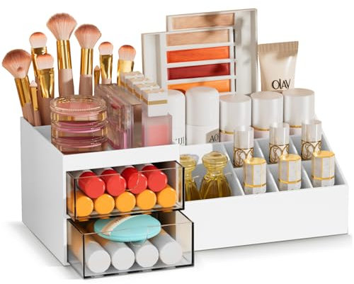 Subsky Make up Organizer mit Schubladen, Multifunktion Schminktisch Organizer Einfache Aufbewahrung für Make-Up Pinsel Wattepads, Schreibtisch Organizer für Dresser Skincare Weiß