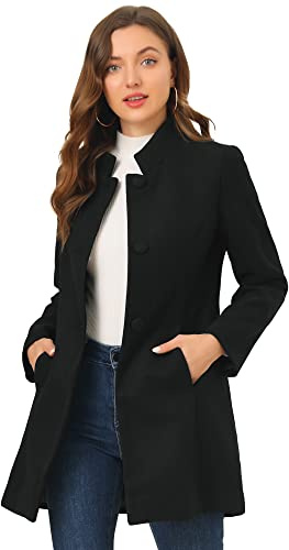 Allegra K Cappotto invernale da donna, elegante, a metà coscia, collo alto, monopetto, lungo cappotto, Nero, S