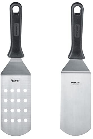 Westmark Master Line 133722E6 - Juego de 2 espátulas profesionales para barbacoa (anguladas, flexibles) con hoja perforada y cerrada, acero inoxidable/plástico, color negro y plateado
