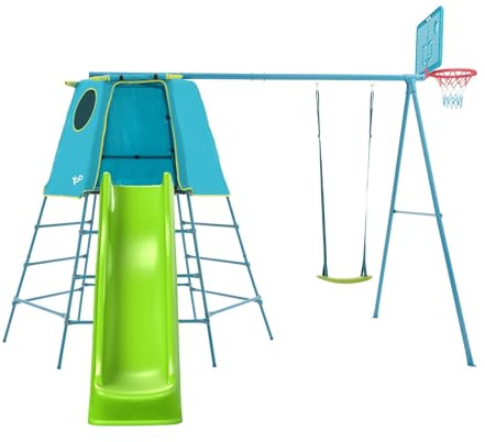 TP Toys Structure Explorer Métal Galvanisé – Toboggan Double Vague 220 cm – Portique Balançoire et Panier de Basket – Réglable 18 Mois à 12 Ans – Bleu/Vert – Jeu Extérieur