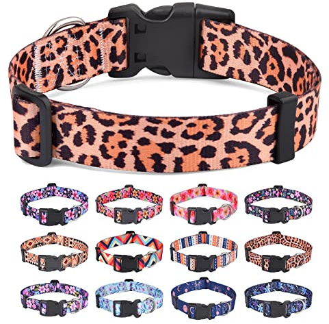 HQYDDMI Hundhalsband, mjukt och bekvämt nylonhundhalsband, justerbart för katt, valpar, små, medelstora och stora hundar, med blommönster (leopardmönster, S)