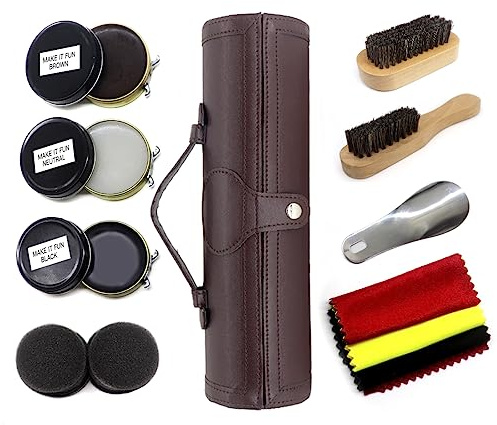 Shoe Shine Kit with PU Leather Sleek Elegant Case, Travel Shoe Shine Brush kit 12-Piece
