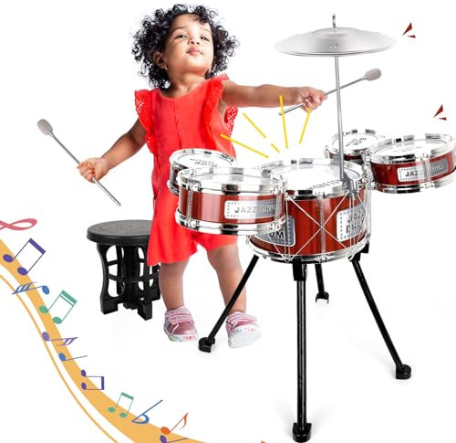 Batterie Enfant, Instruments Tambours Enfant, 5 Tambours Kit de Batterie pour Enfants, avec Tabouret Percussion, Musique Tambour Jazz Rock Drum Set, Anniversaire PréCoce Cadeau Noël 1 2 3 4 5 6+ ans
