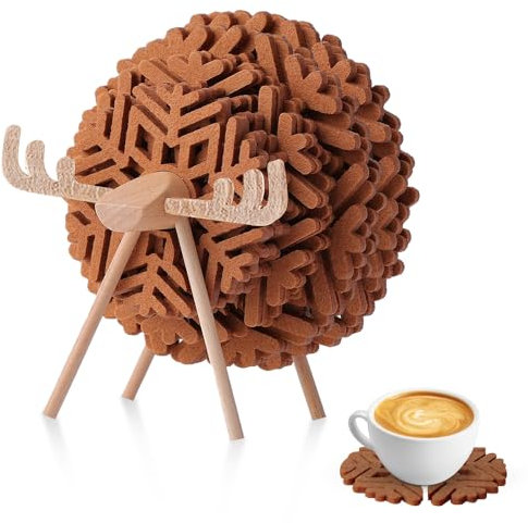 yotutun Sottobicchieri in Feltro, 12pcs Sottobicchieri con Fiocchi di Neve con con Rastrelliera in Legno antiscivolo resistenti al calore Sottobicchiere Natale per la Decorazione Della Tavola