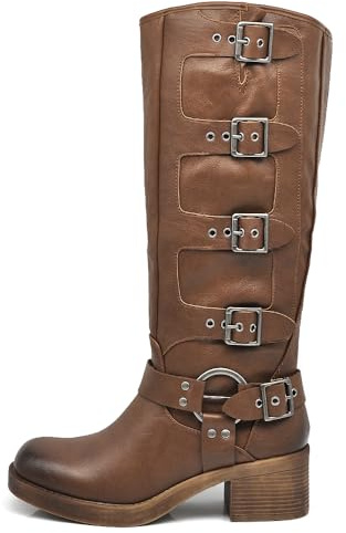 IF Fashion Scarpe Stivali da Donna Al Polpaccio Biker Motociclista Con 4 Fibbie Anfibi 660-3 marrone N.37