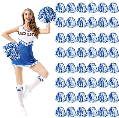 REHALY 48Pcs Pom Poms Cheerleading Cheerleader Pom Poms Spirited Cheer Pom Poms Bulk Metallic Foil Squad Team for Kids Adults Cheerleader Gifts Team Spirit Sports Dance Game Party,30g(Blue+White)