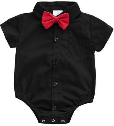 OPAWO Baby Shirt Romper Soft 100% Organic Cotton Newborn Vests, Short Sleeve Bodysuits for Unisex Baby, Bow-tie Button Down Babies T Shirts for Wedding Suit Christening Outfit (Black S,6-9 Months)