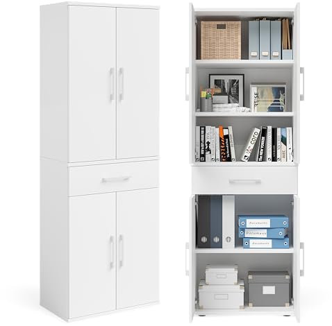 Bellamio Apol Mehrzweckschrank Weiß – Aktenschrank 60 cm breit – Hochschrank aus Holz – Aufbewahrungsschrank mit 5 Fächern & 1 Schublade – Büroschrank, Flurschrank, Allzweckschrank, Schuhschrank