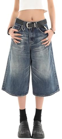 Lafaguw Pantalon en Jean Court pour Femmes et Hommes, Taille Haute, Jambe Large, Style Baggy, Y2K, Denim, Pantalons Capris décontractés, été, vêtements Grunge., Bleu 1, Small Court