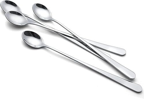 tiokin Cucchiaio lungo per latte macchiato, 4 pezzi, 22,3 cm, in acciaio inox, cucchiaio lungo per cocktail, caffè, tè, frappè, gelato, dessert