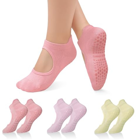 Bosaen 3 Pairs Grip Socks Pilates, Yoga Socks for Women Non-Slip with Top Hollow and Tail Heightened Design, Ideal for Pilates, Barre, Ballet, Dance, Barefoot Workout (One Size)