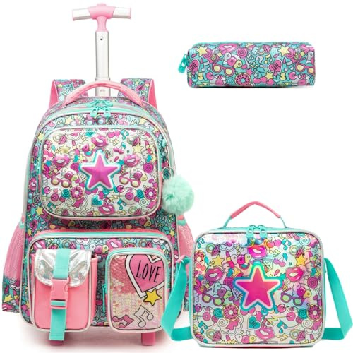 Egchescebo Kids Rolling Backpack for Girls Pentagram Suitcases Trolley Roller Luggage Backpacks on Wheels with Lunch Box Pencil Case for Elementary Multiple Function Pockets Travel school Bag Red