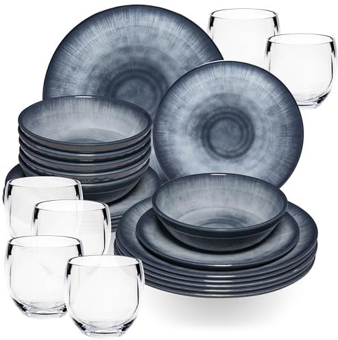 Melamin Geschirr Set Jesolo Grau für 6 Personen - 24 Teile - mit klarem Trinkglas 400ml - aus Acryl Steingutoptik Spülmaschinengeeignet Campingzubehör Campinggeschirr Wohnwagen Camping Festival