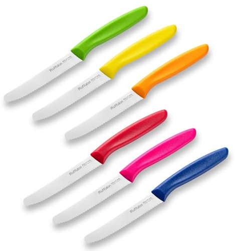Ruffulon Set 6 pezzi di coltelli da tavola, robusti e durevoli, coltelli da cucina affilati, coltelli seghettati, coltelli da pane in acciaio inox, lavabili in lavastoviglie, colorati.