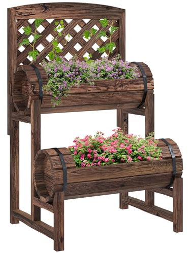 Outsunny Orto Rialzato da Esterno a 2 Livelli con Fori di Drenaggio, Grigliato e 2 Cilindri, Fioriera da Esterno in Legno di Abete, 42x49x80 cm, Marrone Carbonizzato