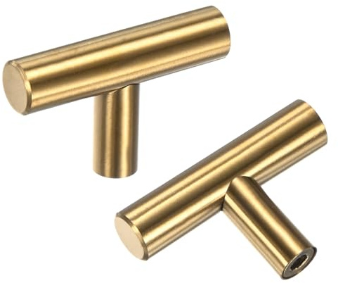 M METERXITY 2-Pack Cabinet Pulls Knobs, 2 Modern Stainless Steel t Bar Knobs Single Hole Handles for Dresser Drawers/Office Decorative/Kitchen Bathroom Door [Gold]
