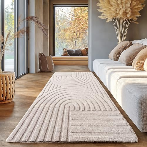 SIMPEX Skandinavischer Boho Teppich Einfarbig Creme 80x150 cm, Deko Teppich, Waschbar, 3D-Effekt, für Wohnzimmer und Schlafzimmer, Läufer