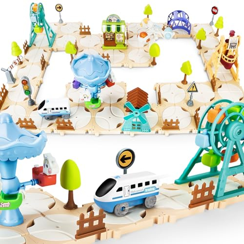 LumenVela Logischer Straßenbauer, Kinderspielzeug Brettspiele mit Wagen, 32 Puzzleteilen Kreatives Autobahn Spielzeug mit drehbarer Kirmes für Kinder Autobahn Kinder ab 4 5 6 7+ Jahre Junge Mädchen