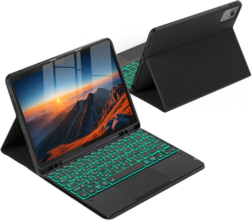 CACOE Cover con Tastiera Compatibile con Lenovo Idea Tab 11 Pollici Tablet 2025 con Touchpad, Custodia con Portapenne Tastiera Wireless Staccabile con Illuminazione a 7 Colori, Nero