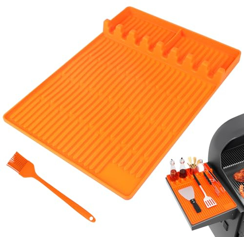 DBREAKS BBQ Grillmattor för Grill och Sidbord, Innehåller Pensel, Upphängning, Silikon Grillmattor, Orange